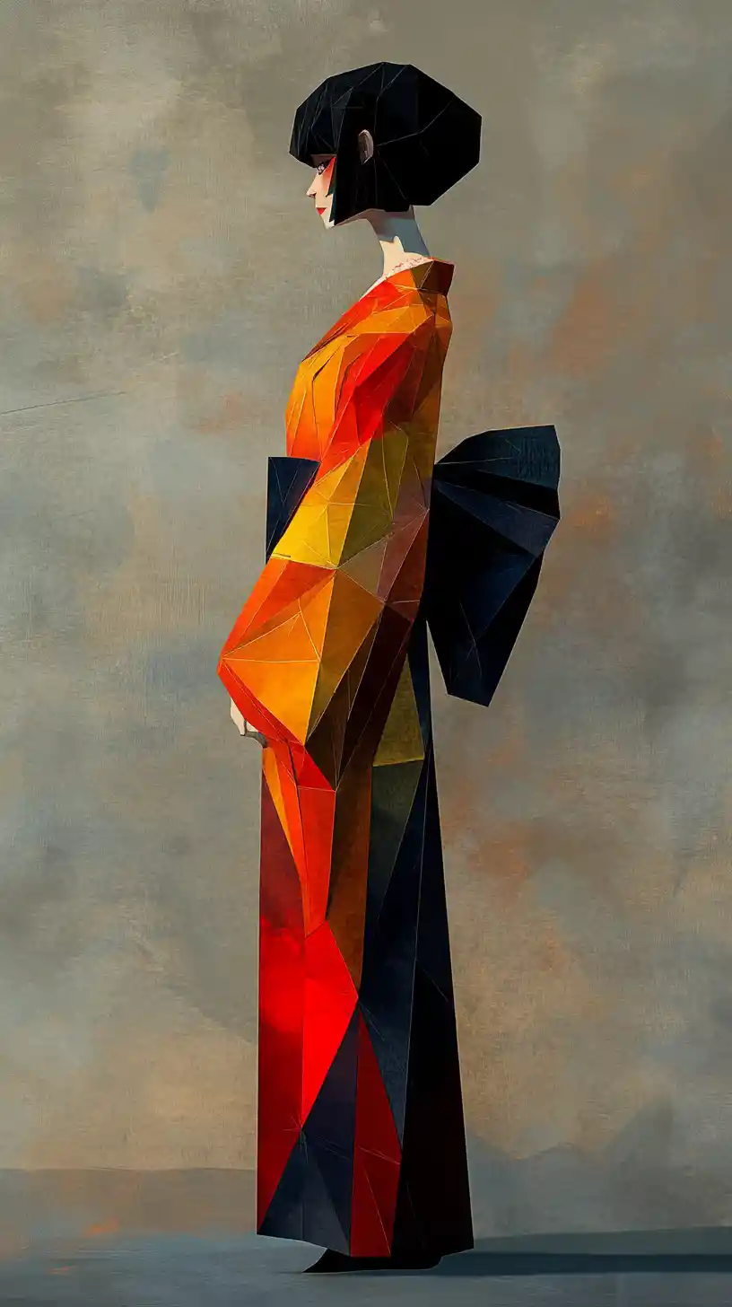 Origami style geisha in angular red and gold kimono