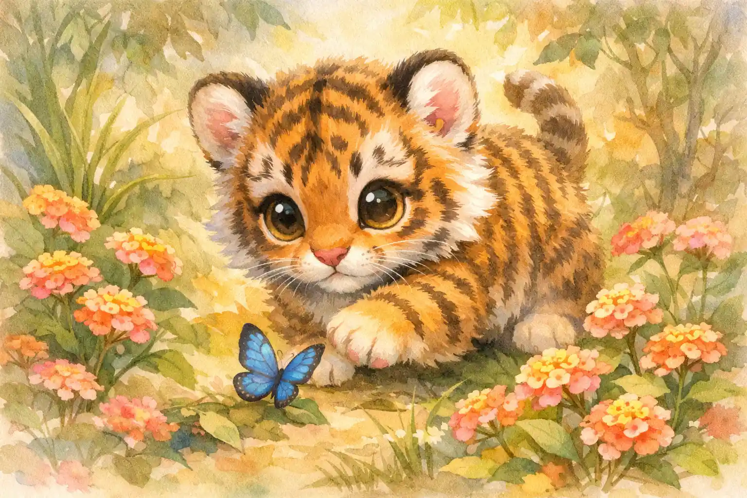 Watercolor baby tiger cub playing with blue butterfly