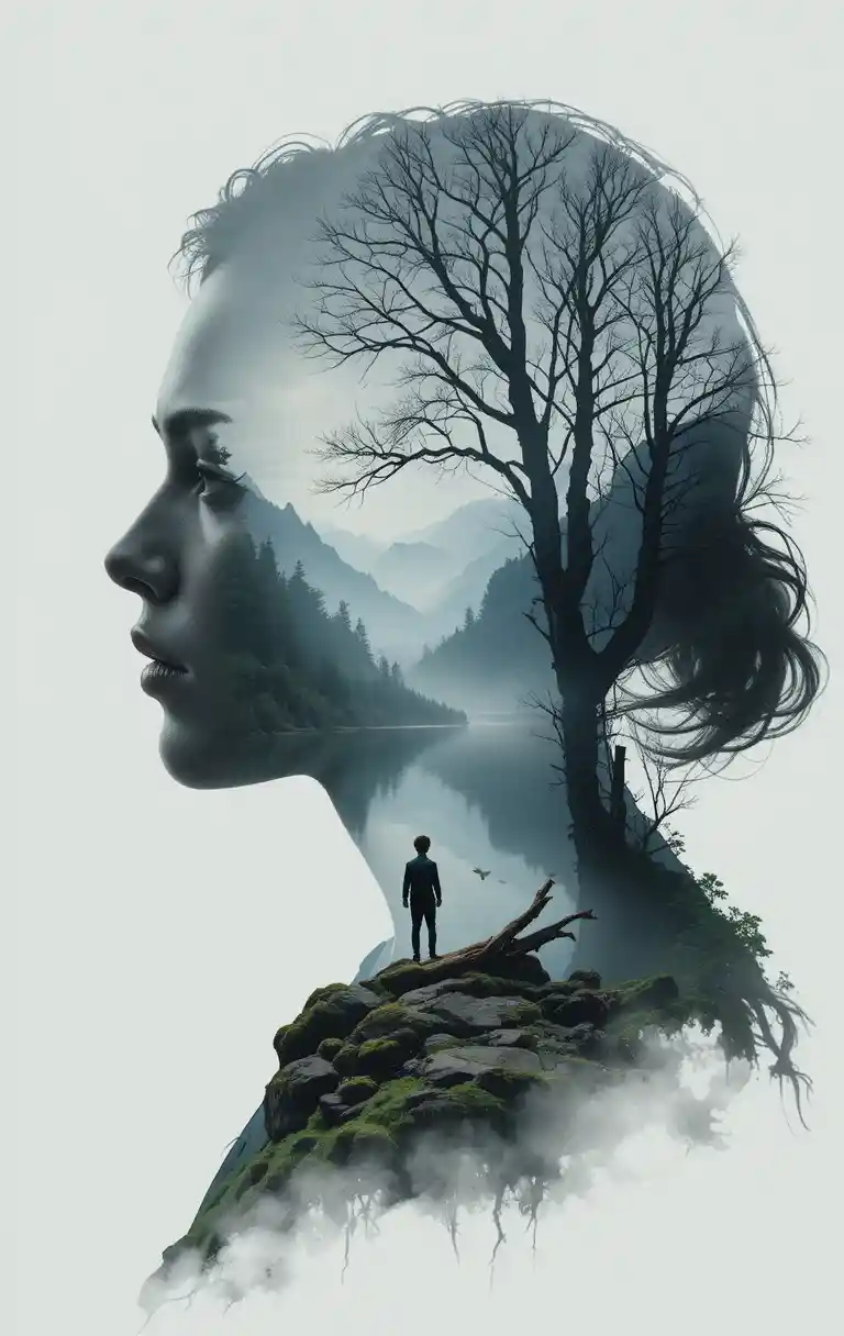 Perfil feminino em dupla exposição com paisagem de lago tranquilo