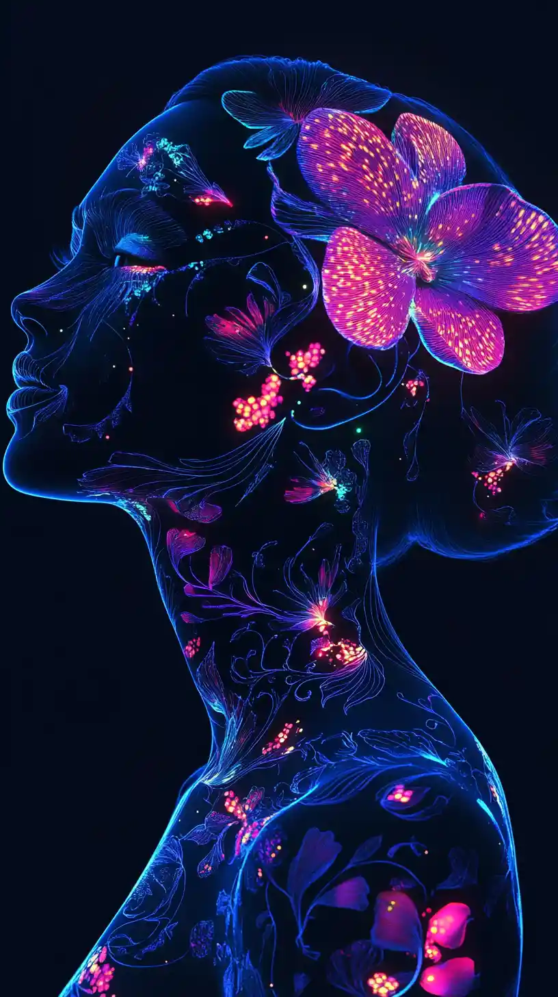 Profilo etereo di donna bioluminescente nell’oscurità mistica