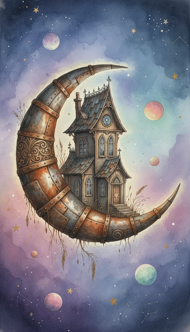 Casa gotica fantasy fusa con una luna crescente nello spazio