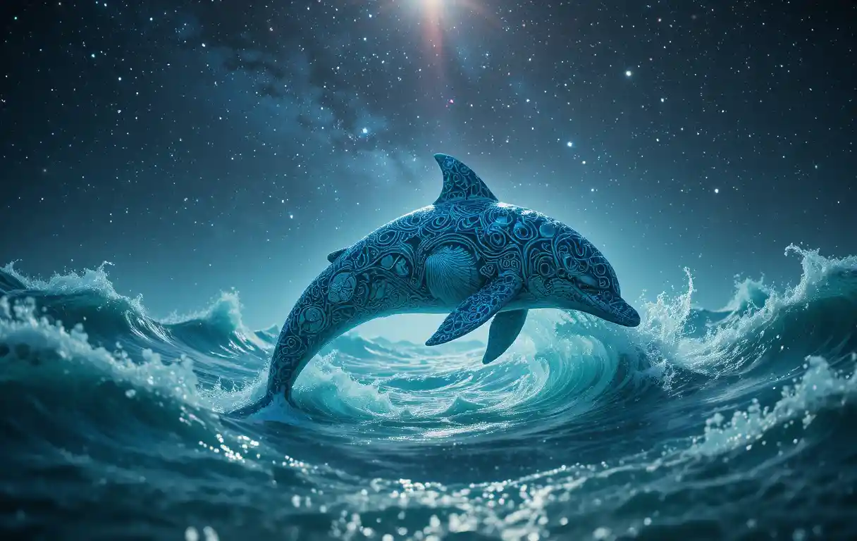 Tribal dolphin gliding through turquoise waves under starry sky