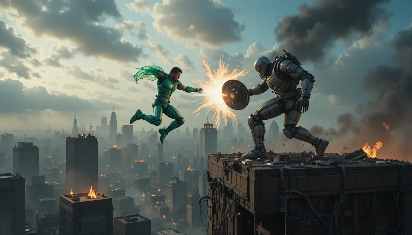 Superhero duel on a ruined skyscraper rooftop at dusk