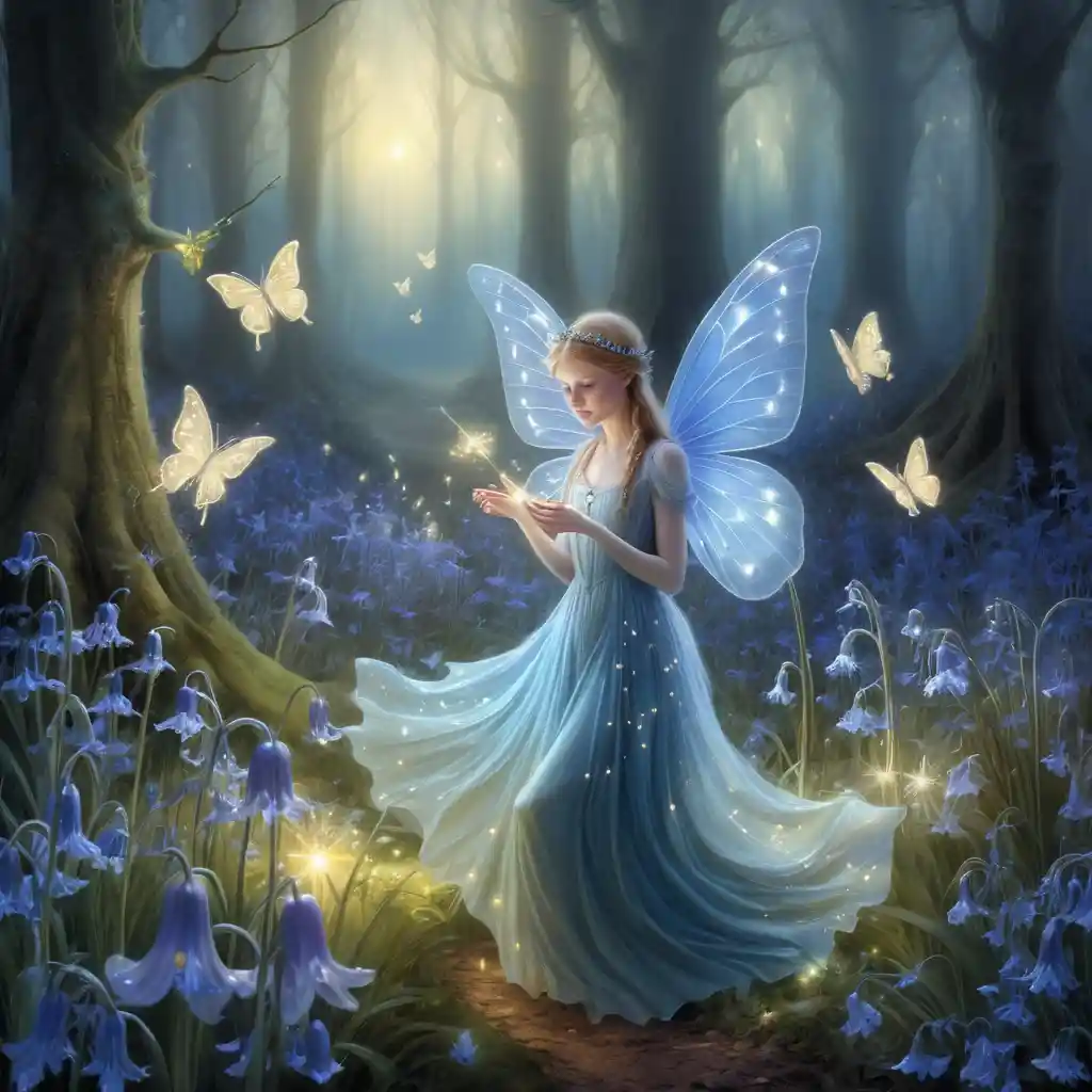 Enchanting Fairies Dancing In A Glowing Bluebell Meadow