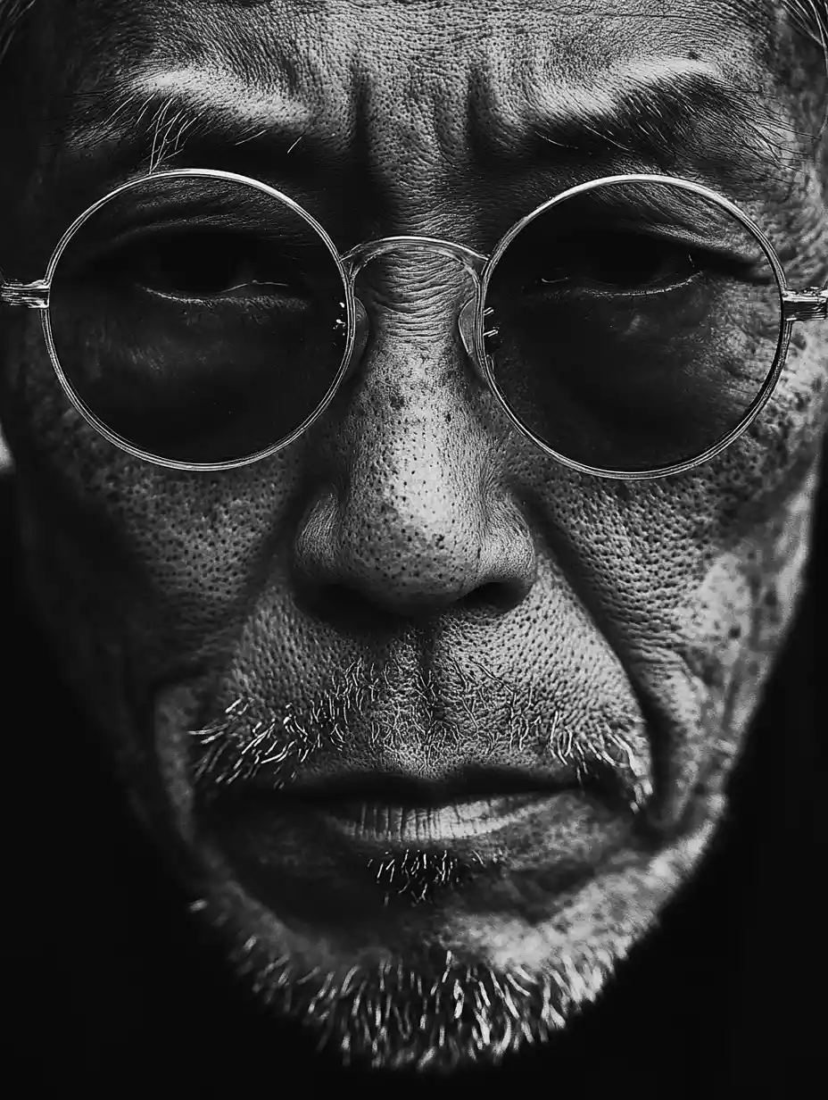 Gritty black and white close up portrait of an old man