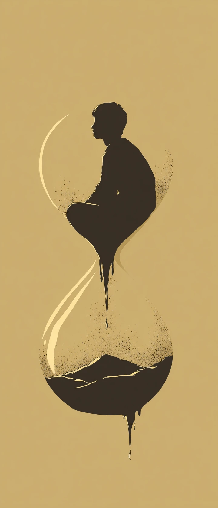 Zerbrochene Sanduhr mit gebeugter Anime-Jungen-Silhouette und Tränen