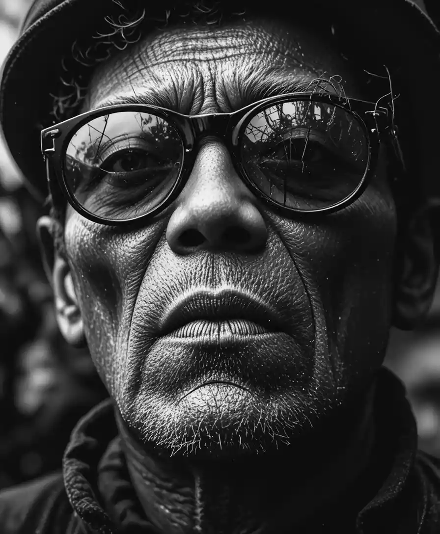 Gritty Black And White Close Up Portrait Of An Old Man