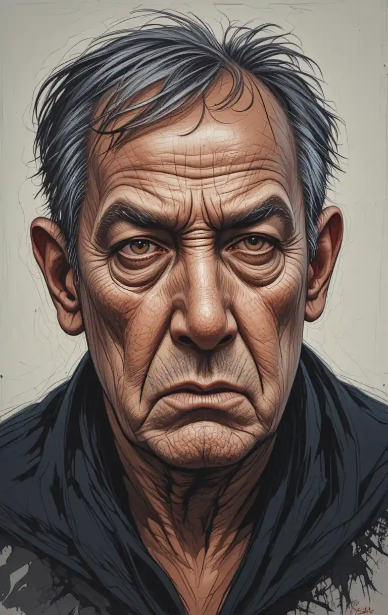 Elderly man close up in soft chiaroscuro color pencil drawing