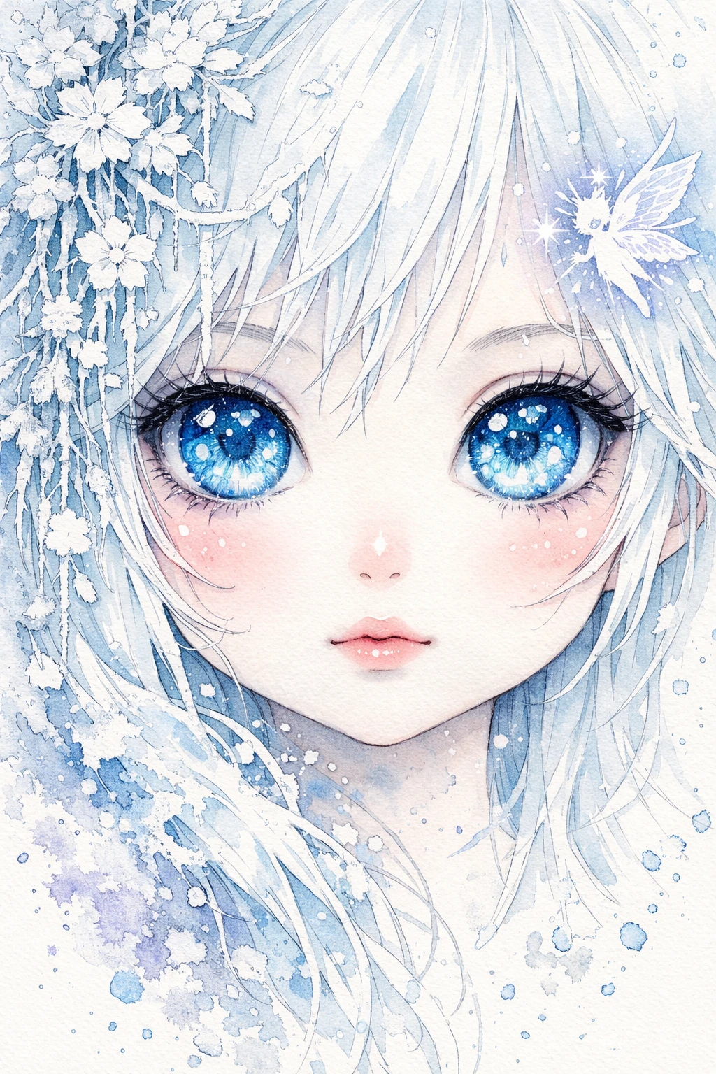 Ätherisches Wintermädchen mit leuchtend eisblauen Augen