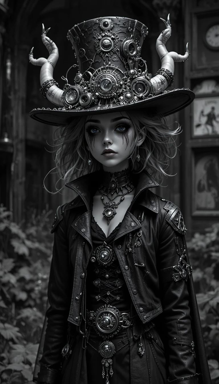 Steampunk vampire character in black and white symmetrical design