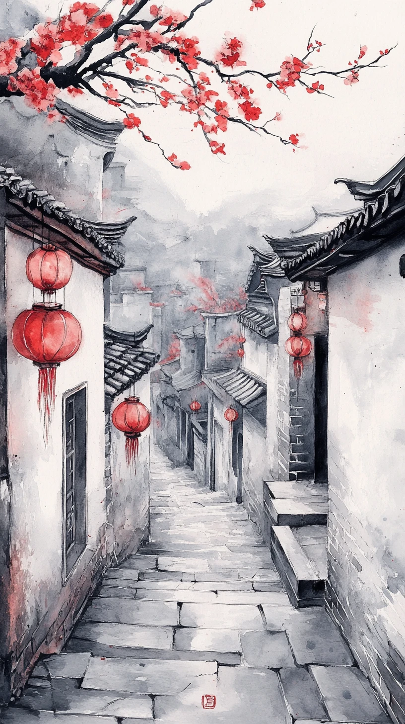 Beco chinês antigo com lanternas em estilo de pintura a tinta