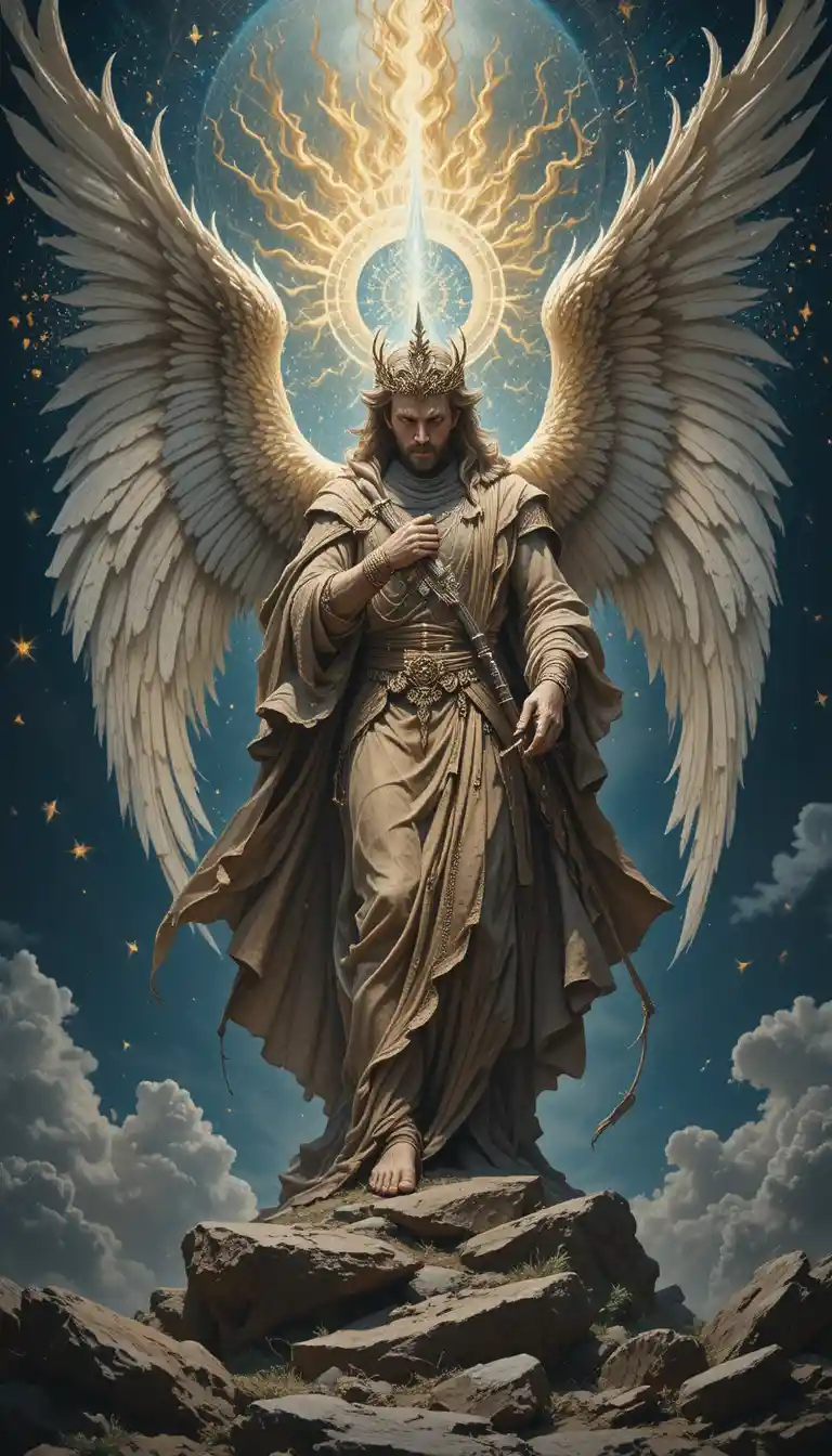 Woman sheltered under divine wings in heavenly light