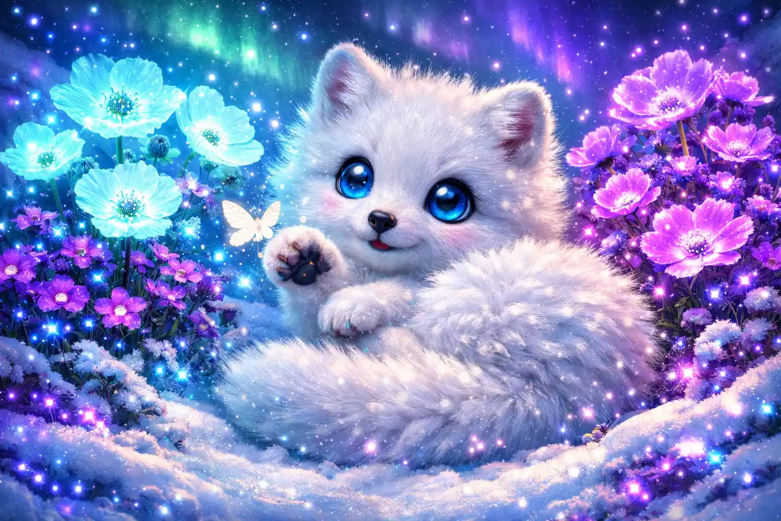 Cute baby arctic fox in glowing polar flower field