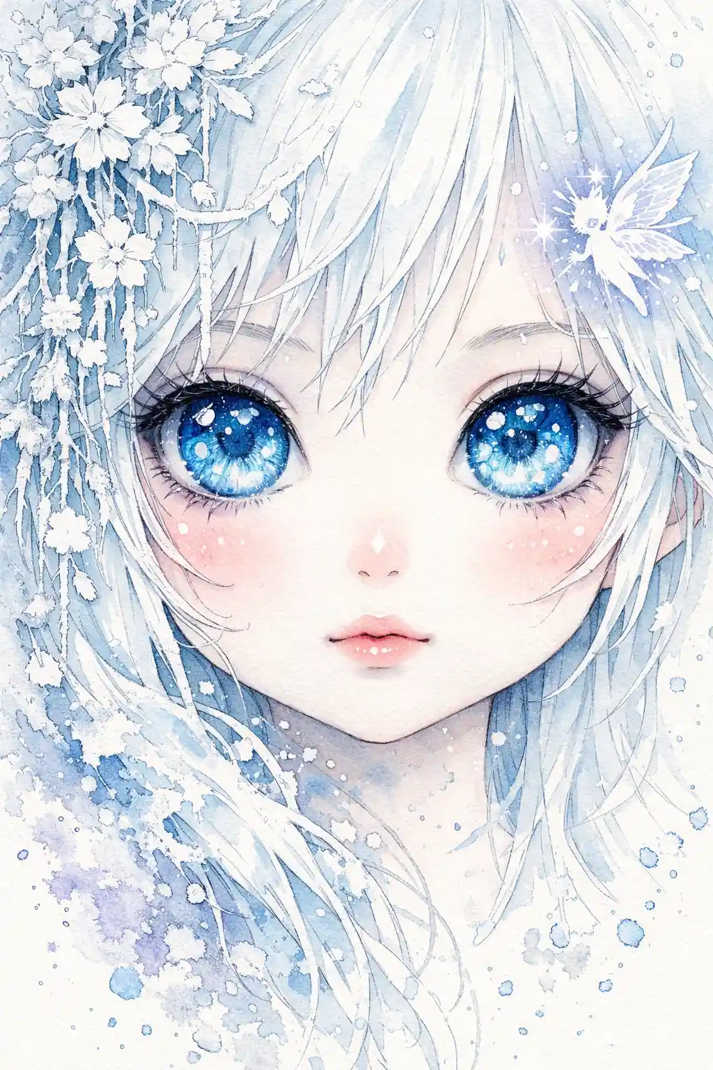 Ragazza invernale eterea con luminosi occhi azzurro ghiaccio