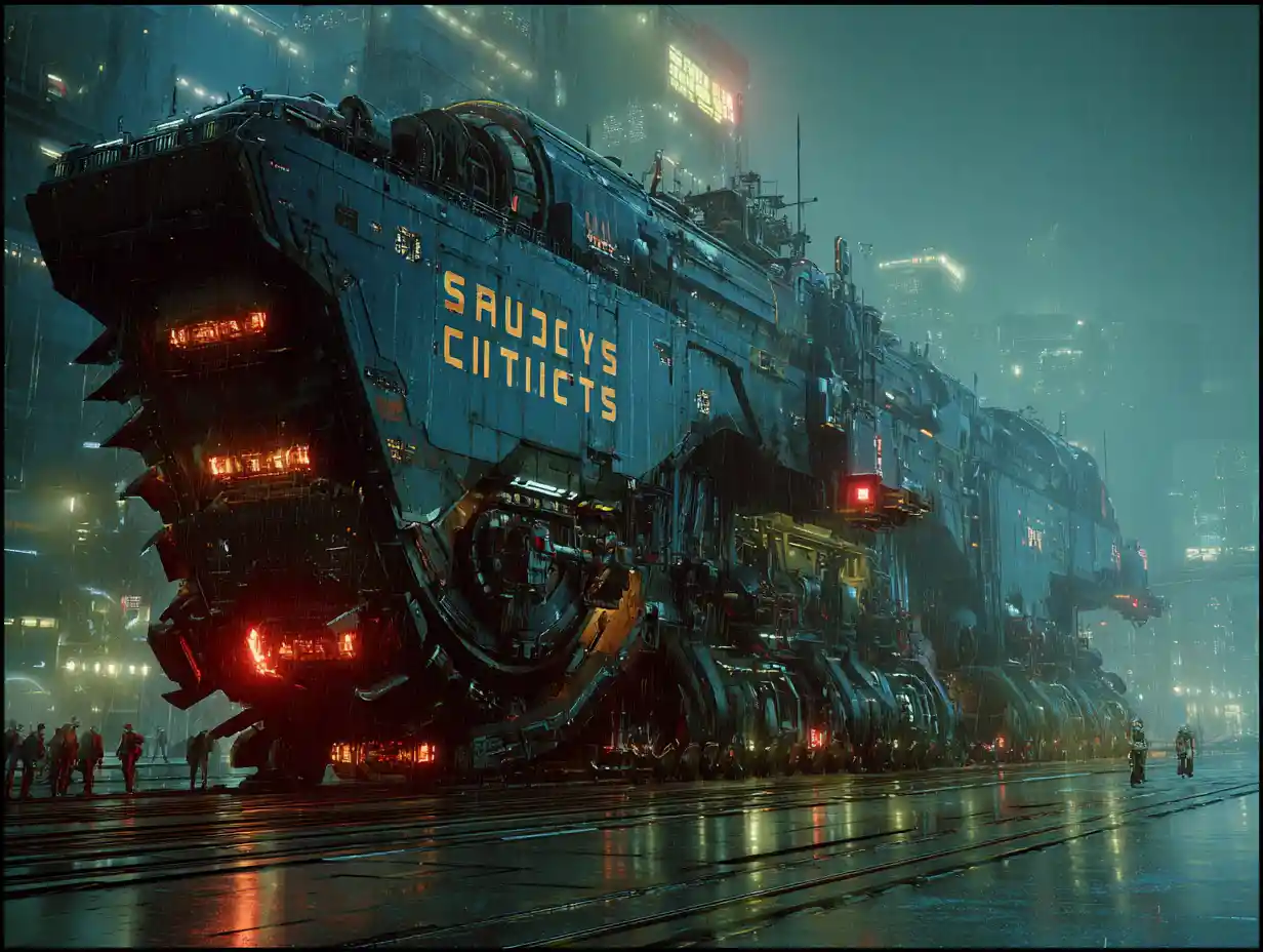 Massive predatory traction city with glowing engines