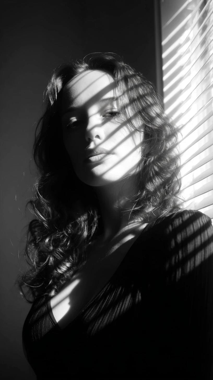 Ritratto noir cinematografico di una donna accanto alle veneziane