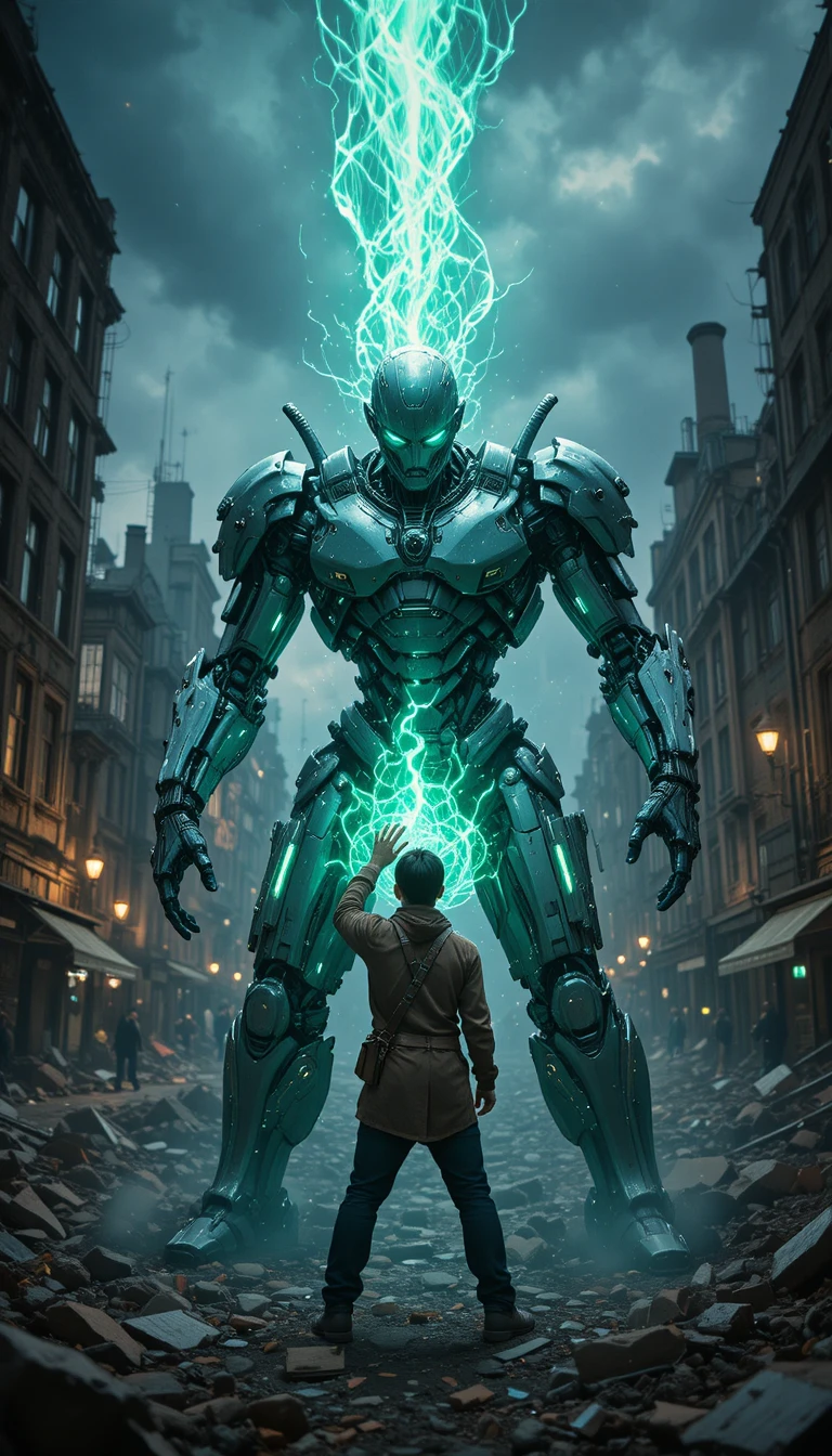 Hero facing damaged robot in ruined stormy city