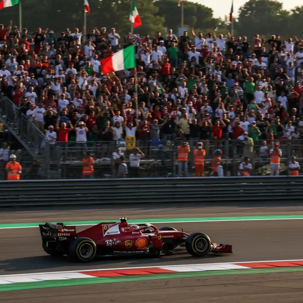 Formula One car racing on a sunny Italian grand prix track