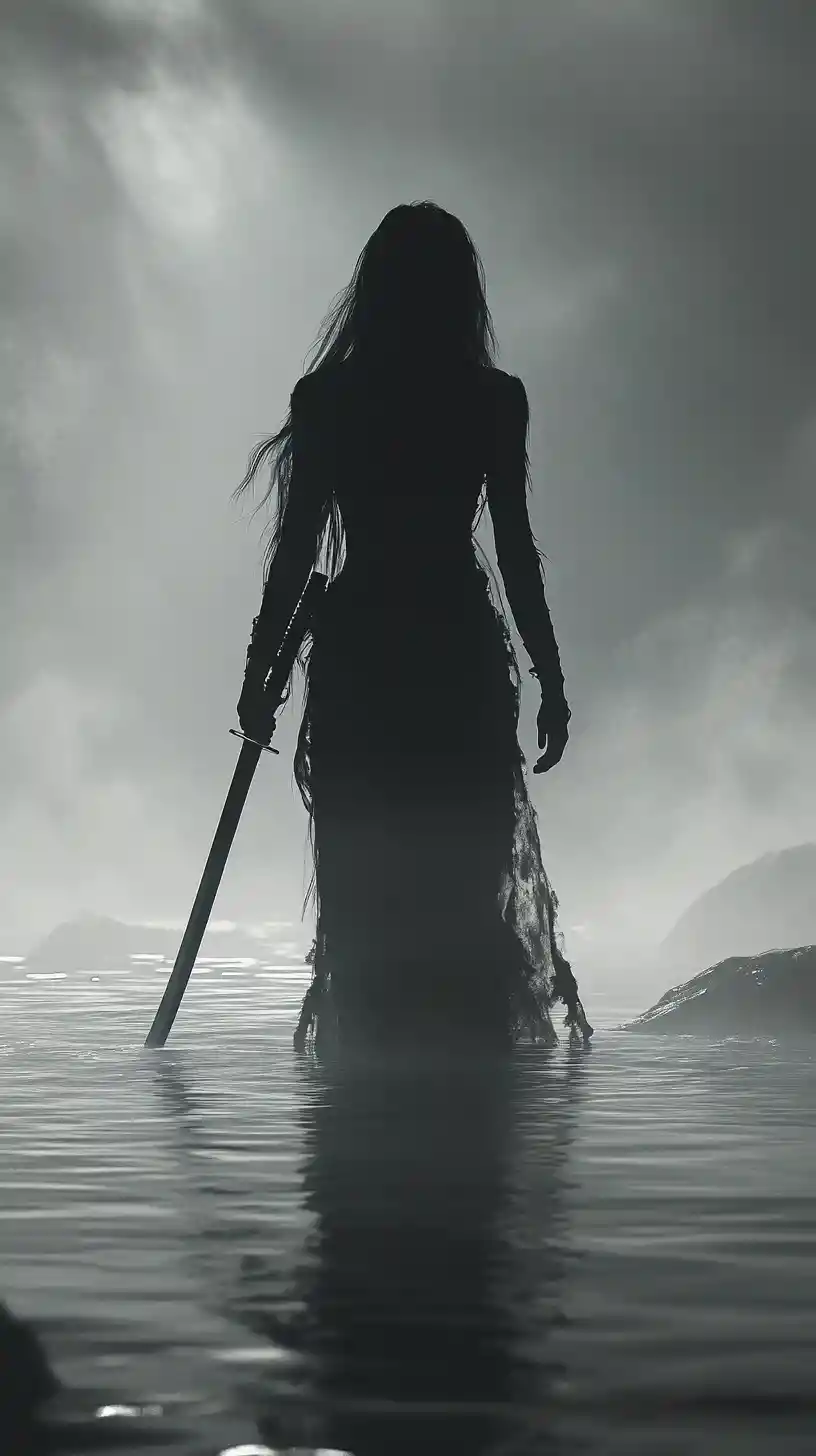 Silhouette of a woman warrior with katana in misty water