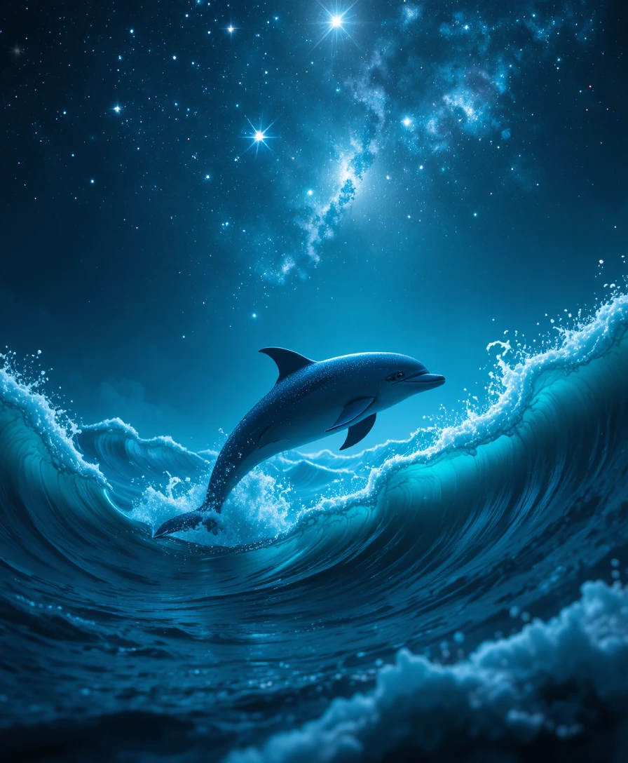 Dolphin gliding through turquoise midnight waves under stars