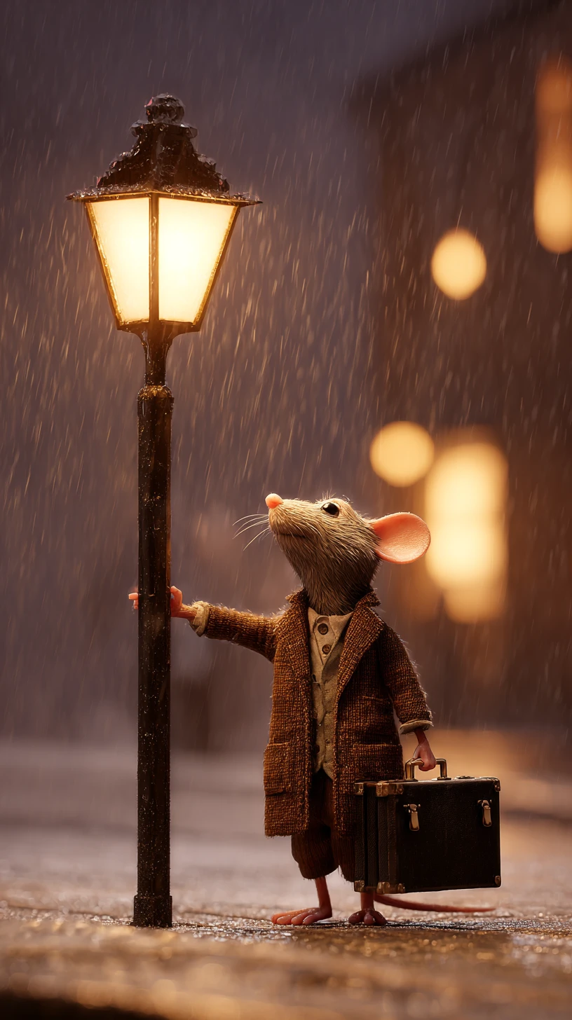 Adorable ratón 3D con paraguas bajo una farola lluviosa