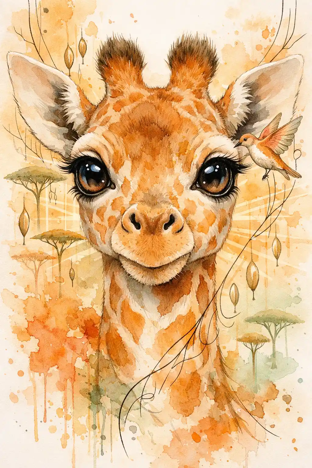 Close up baby giraffe portrait in warm watercolor ink style
