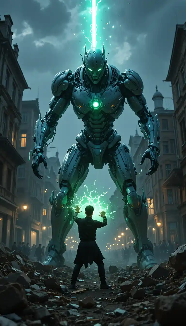 Damaged robot and young hero in epic city battle