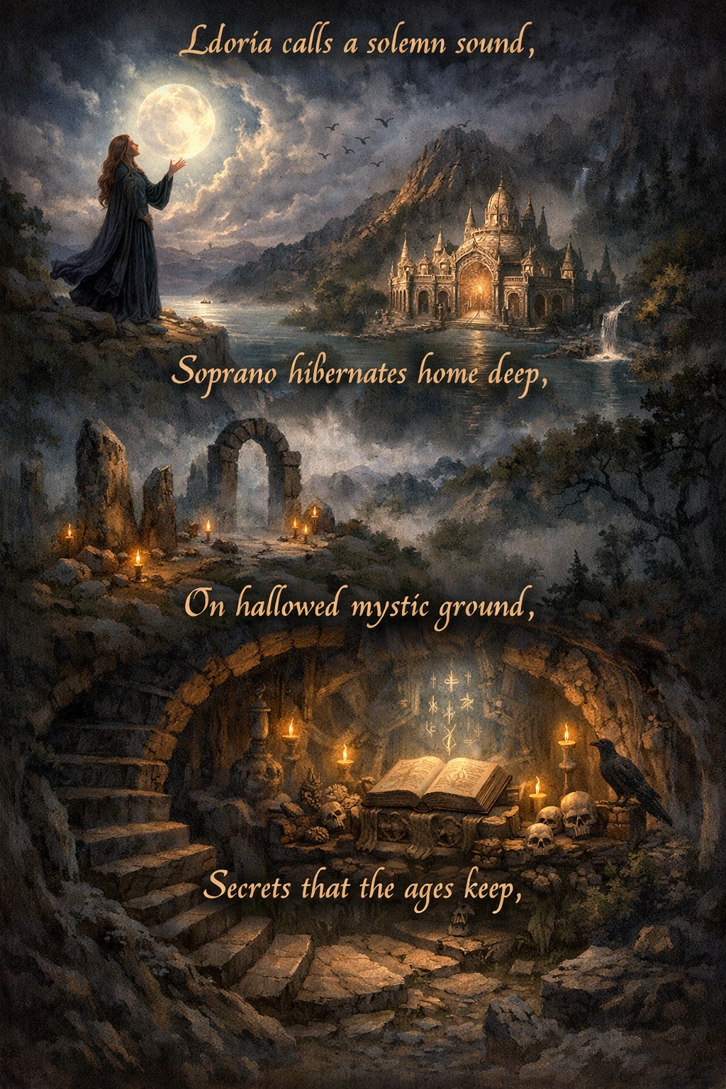 Solemn call echoing across a hallowed mystic landscape