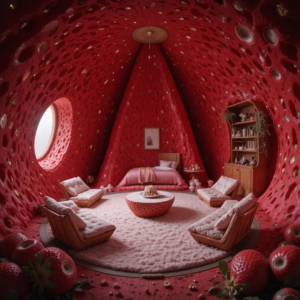 Acogedor interior de fantasía dentro de una casa de fresa gigante y hueca