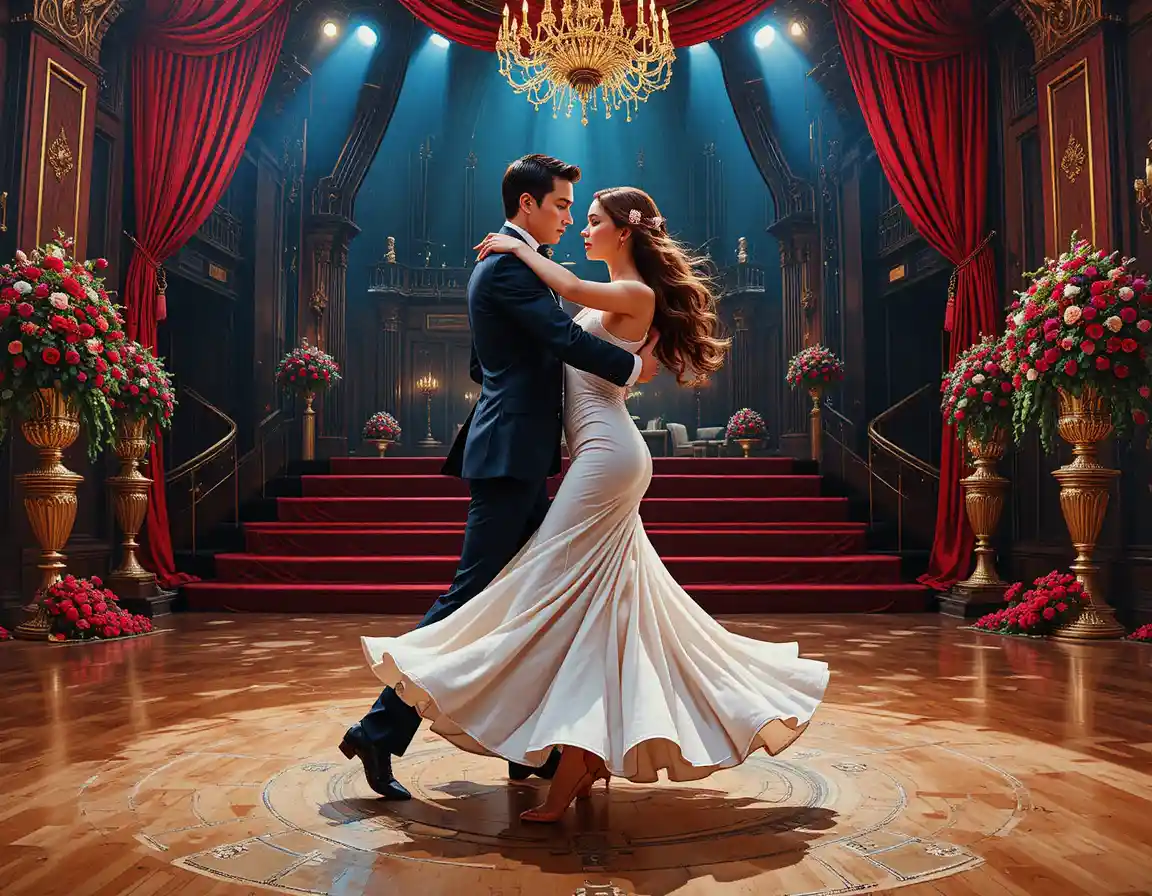 Elegant couple dancing tango on a luxurious gala stage