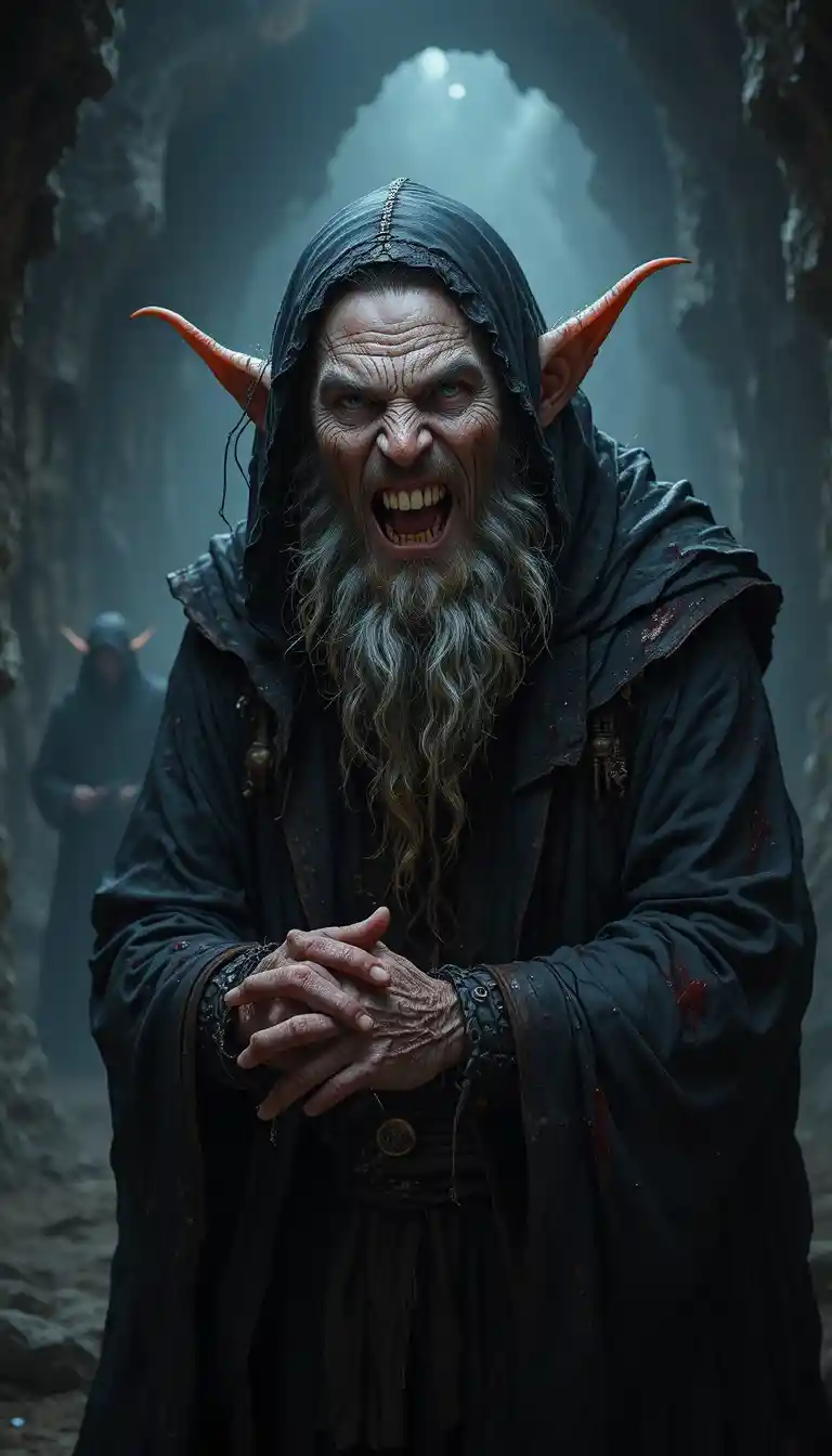 Dark wizard in a foggy cave with clasped bloody hands
