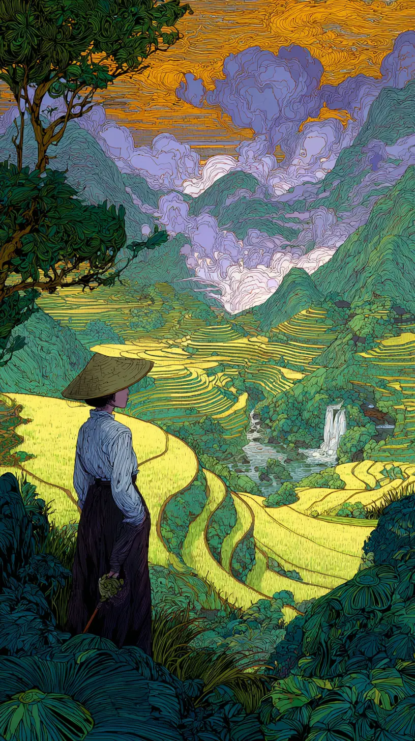 Vietnamese girl in rice fields at twilight