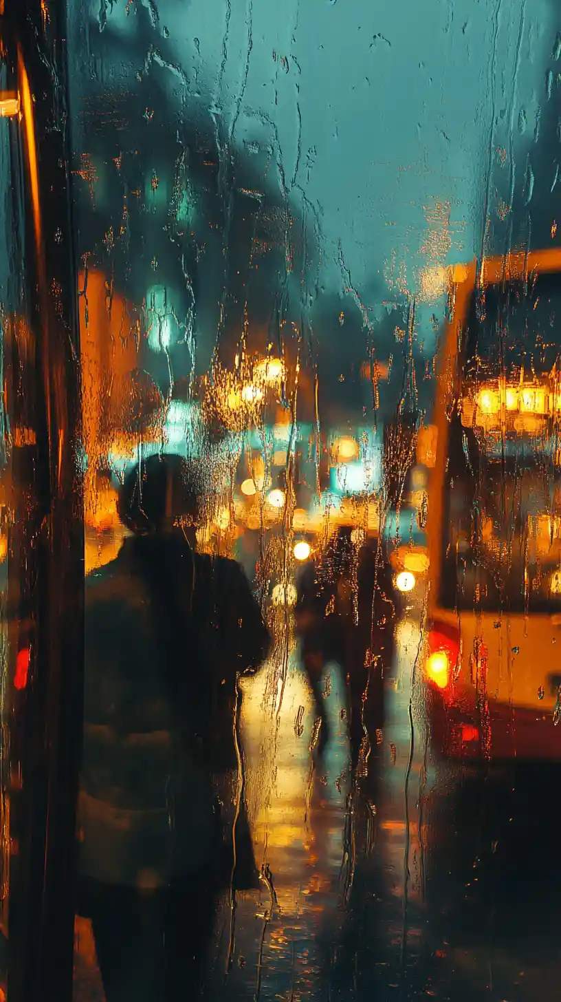 雨で濡れた窓と乗客がいる夜の市バス