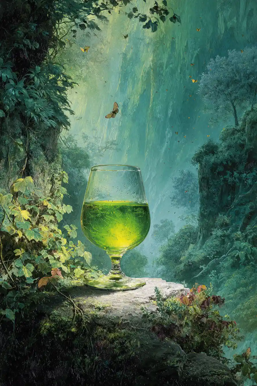 Green eucalyptus drink in a dark fantasy forest