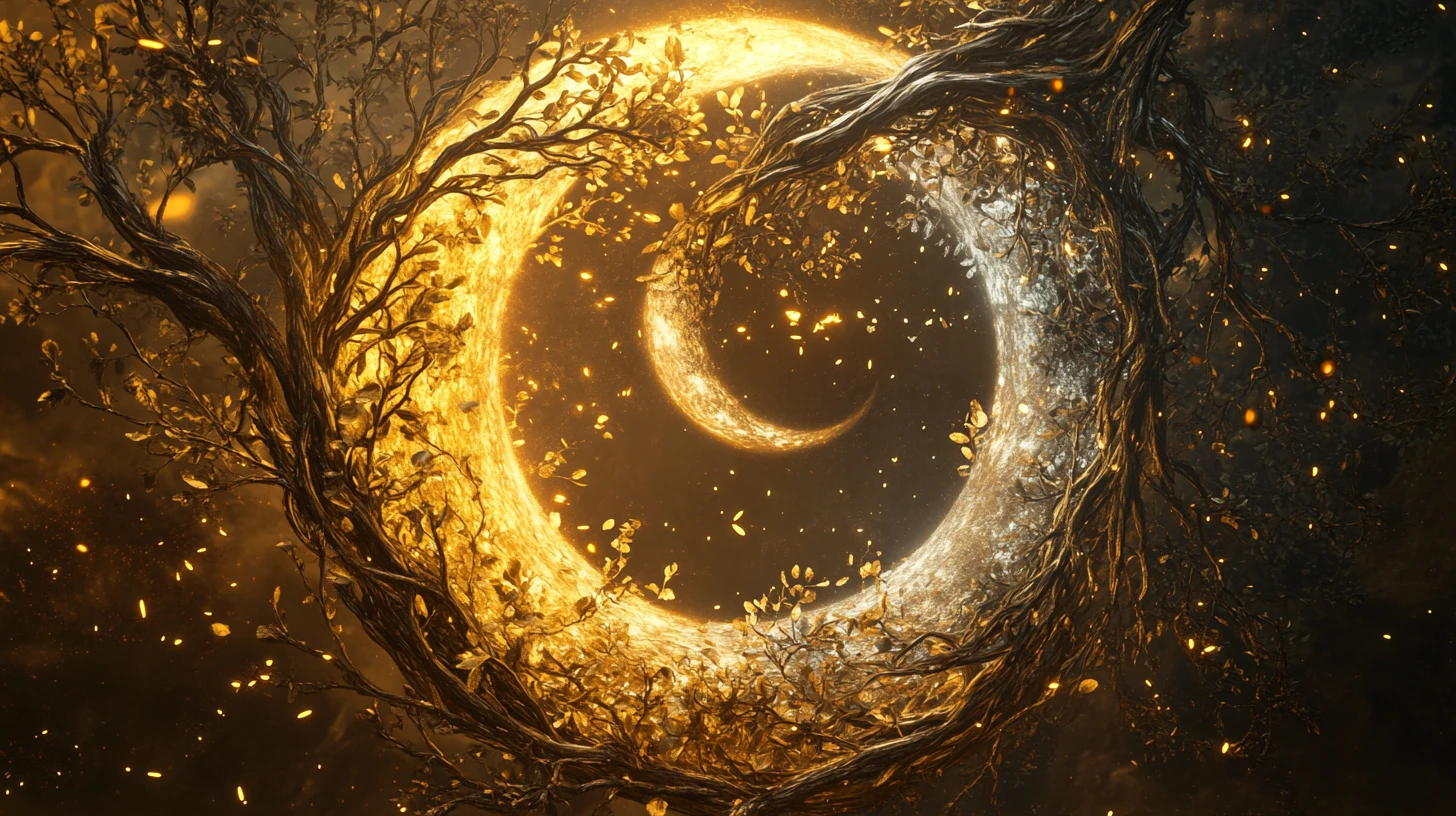 Yin-und-Yang-Sonne-und-Mond-Wälder im leuchtenden Kreisgleichgewicht