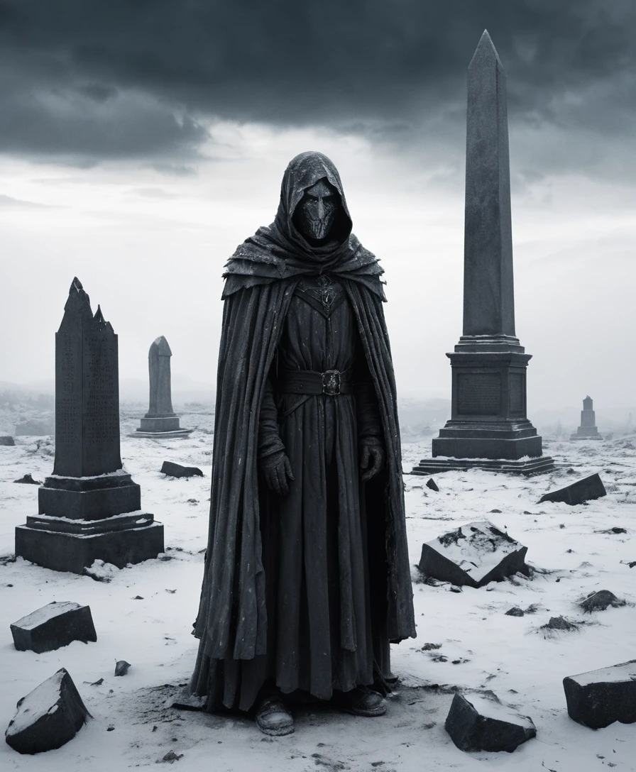 Figura solitária em uma paisagem de inverno desolada com neve caindo