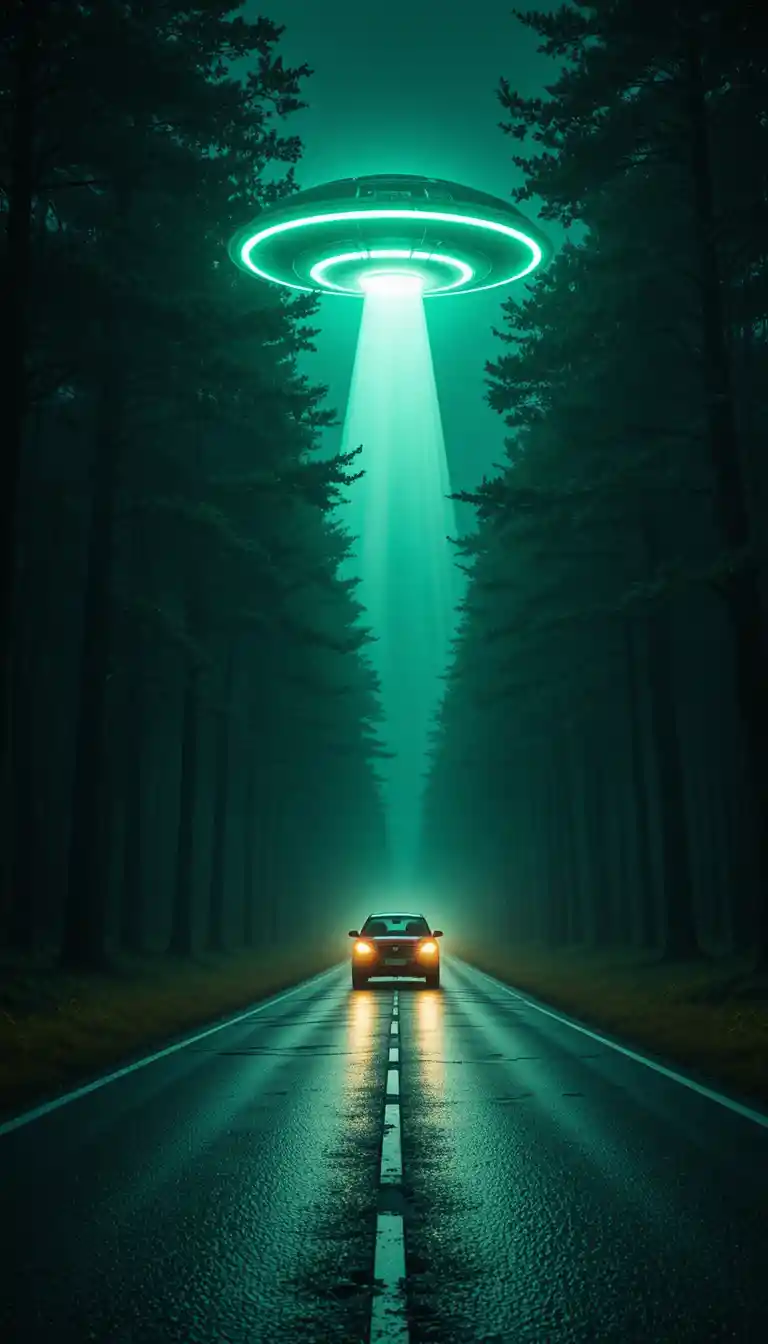 Car on a wet forest road under a glowing ufo