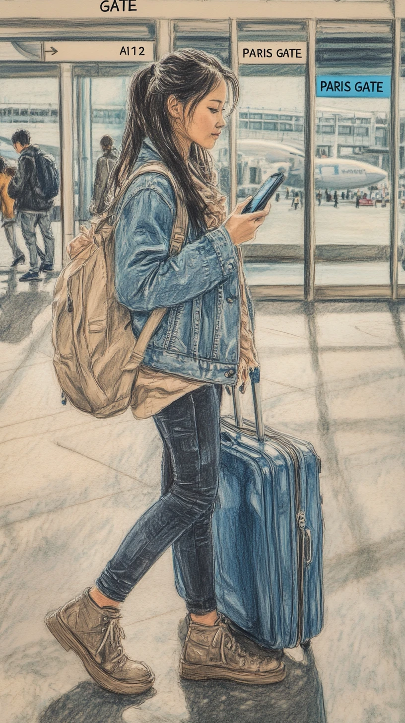 混雑した空港ターミナルを歩くアジア人女性のイラスト