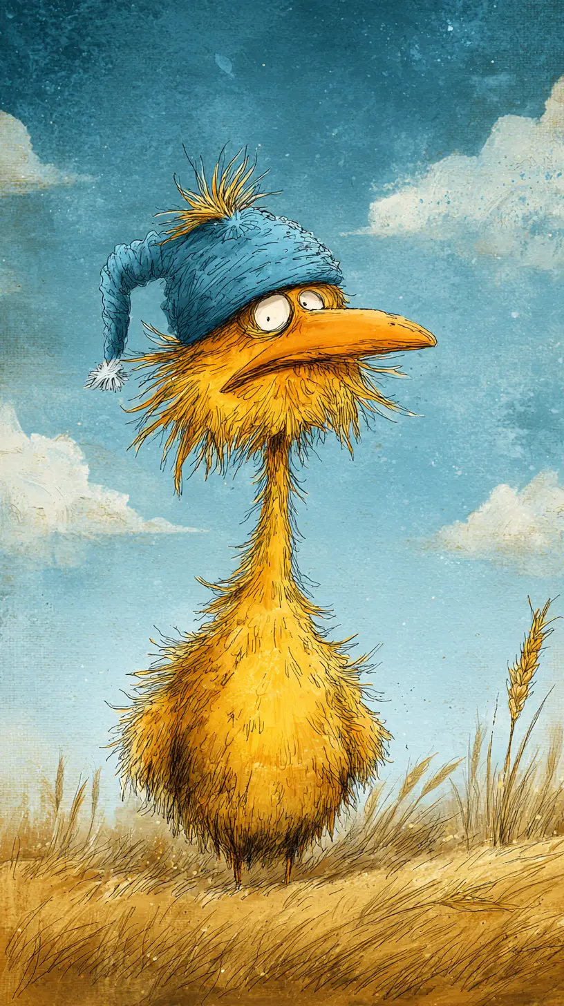 Sleepy hen yawning in a wheat field watercolor illustration