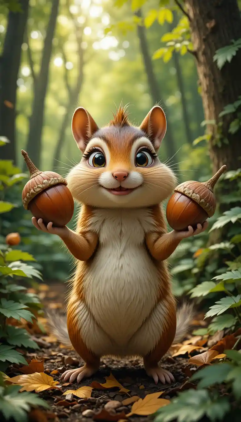 Joyful chipmunk holding giant acorns in a summer forest