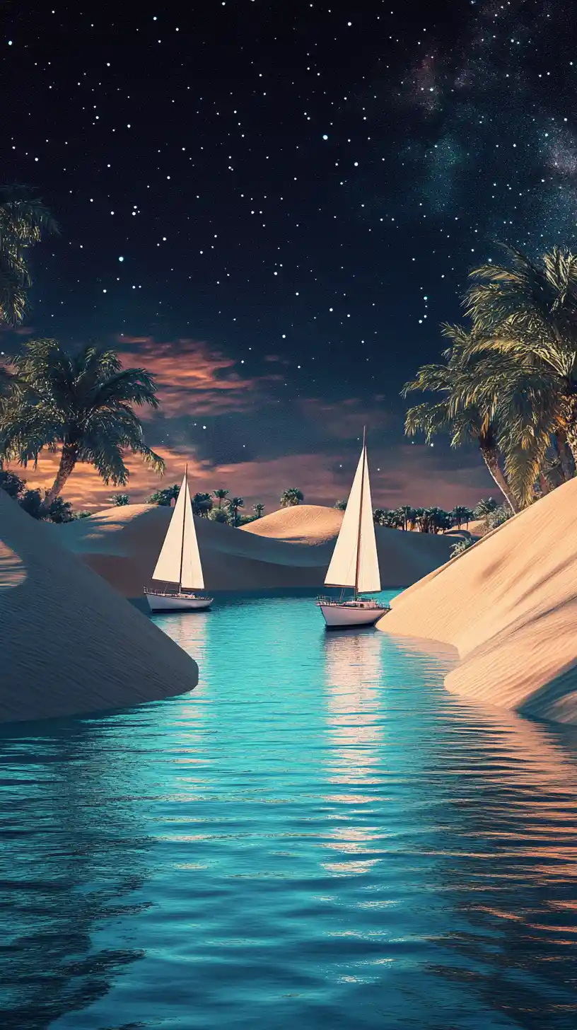 Serene desert oasis waterway under a vibrant starry night sky