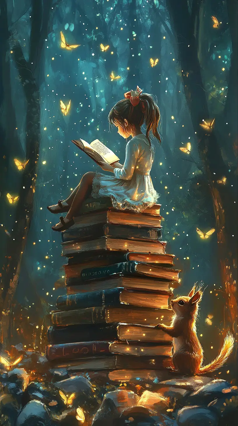 Cute Girl Reading On A Tower Of Books With Squirrel