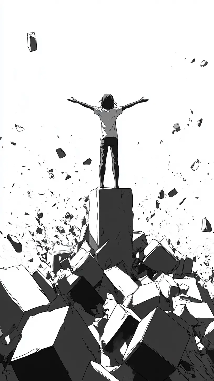 Triumphant figure on stacked blocks in minimalist illustration