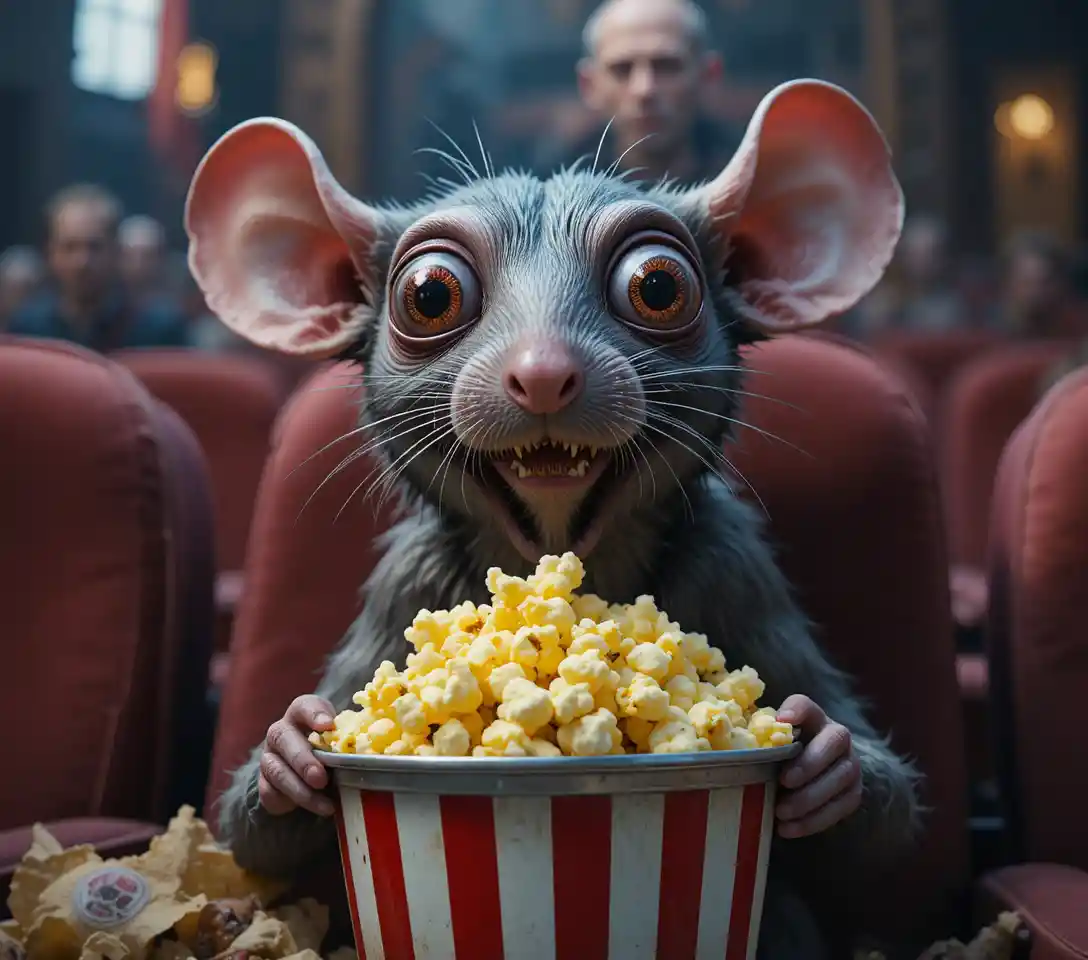 Crazy rat with googly eyes eating popcorn in theater