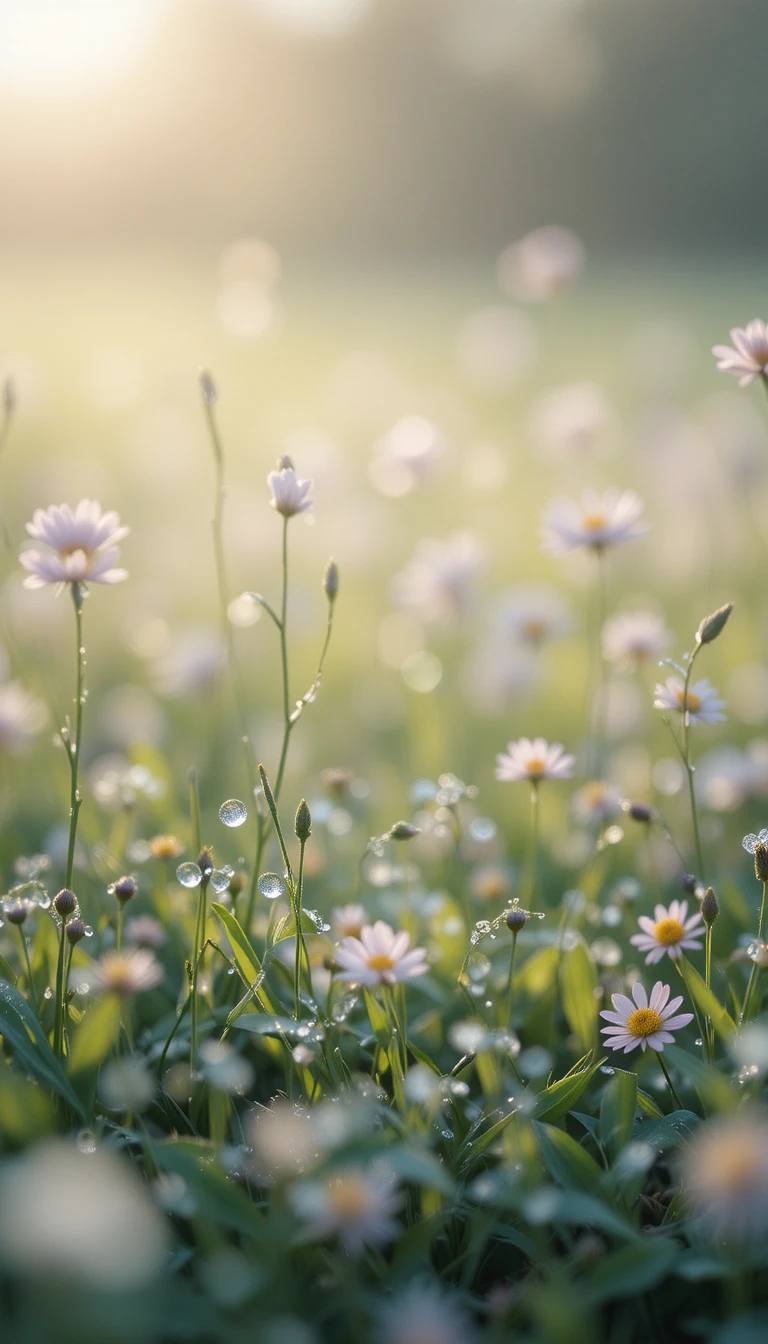 Morning dew on grass in soft pastel sunrise light