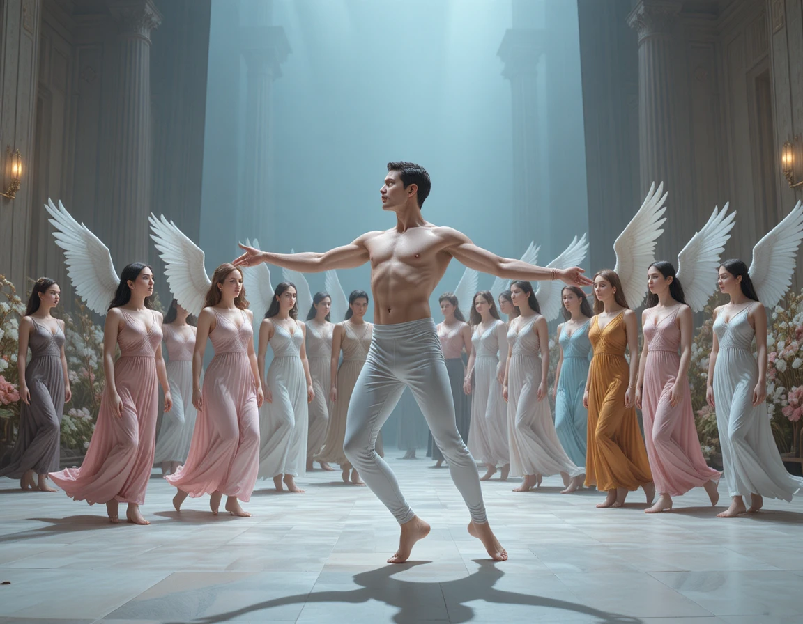 Danza angelica coreografata in un'ambientazione scenica celestiale