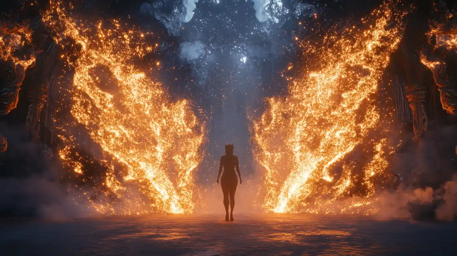 Dancer Dividing Worlds Of Fire And Mist In Surreal Scene