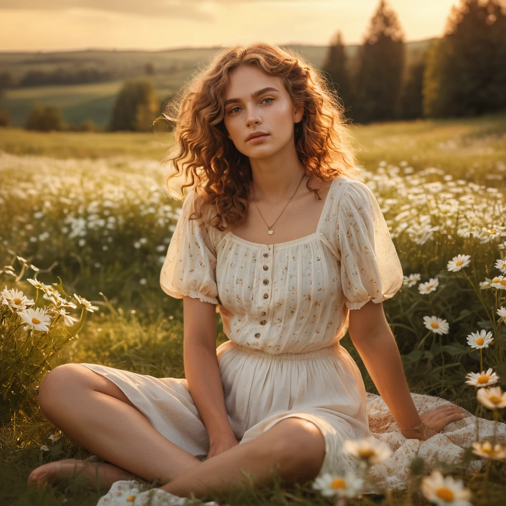 Young woman sitting in daisies at golden sunset