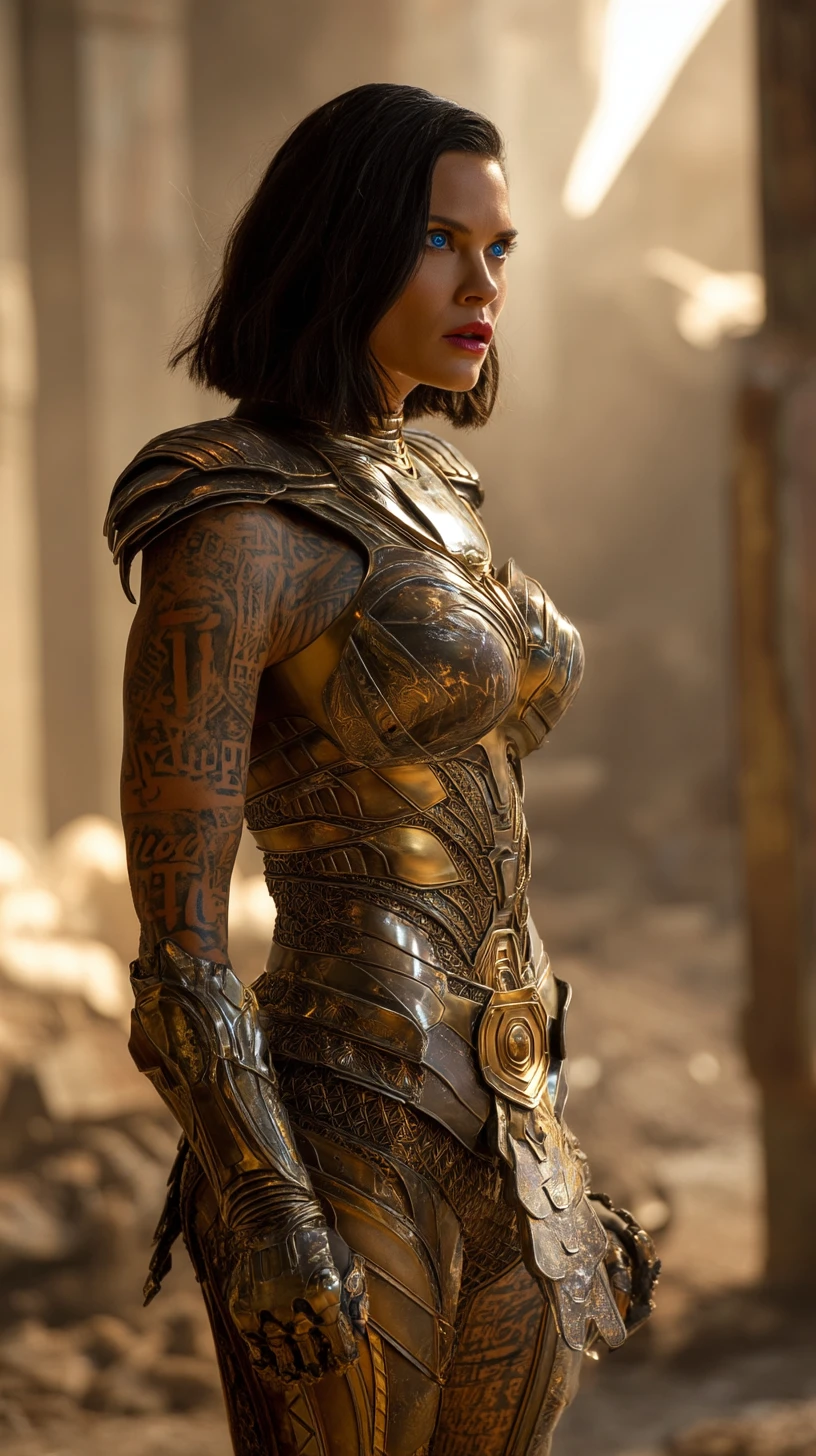 Muscular Arabian warrior woman in golden sci fi armor