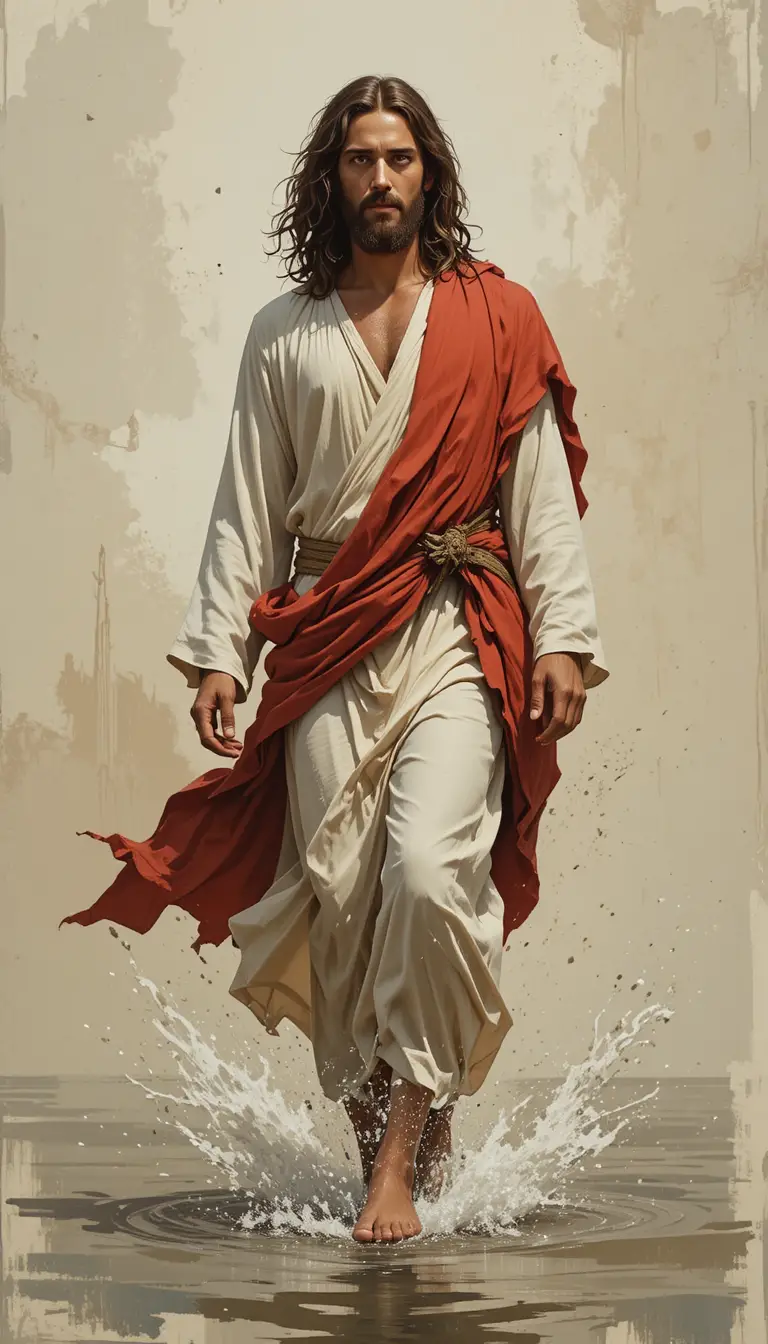 Jesus caminhando descalço sobre a água em um manto vermelho e branco